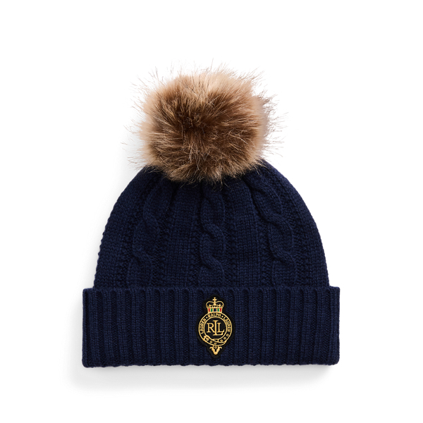 Crest-Patch Pom-Pom Cable-Knit Beanie