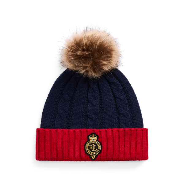 Crest-Patch Pom-Pom Cable-Knit Beanie