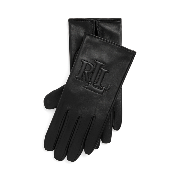 Black Logo-Embossed Sheepskin Tech Gloves Lauren 1