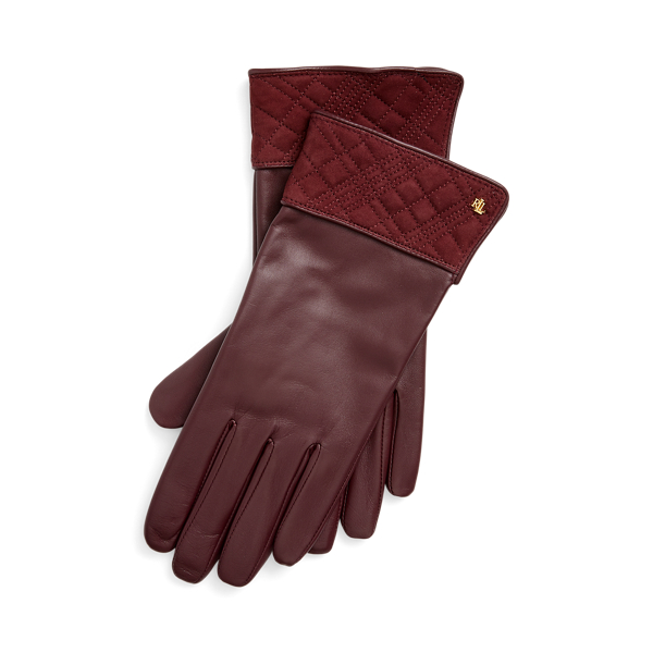 Wine Quilted-Suede-Trim Sheepskin Gloves Lauren 1