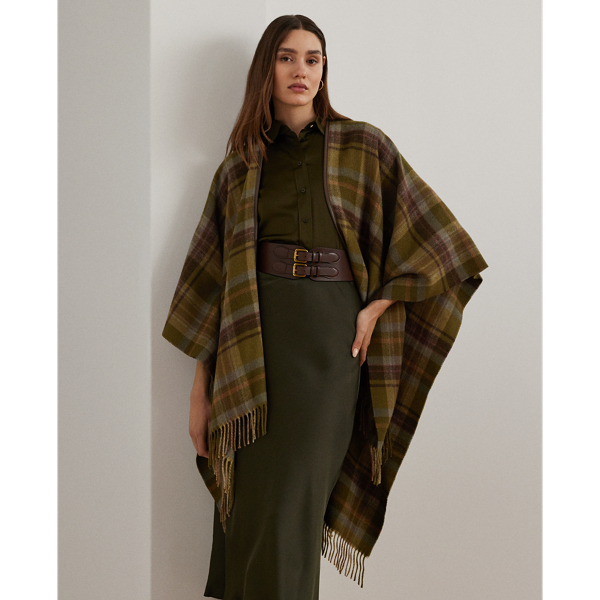 Plaid Faux-Leather-Trim Ruana