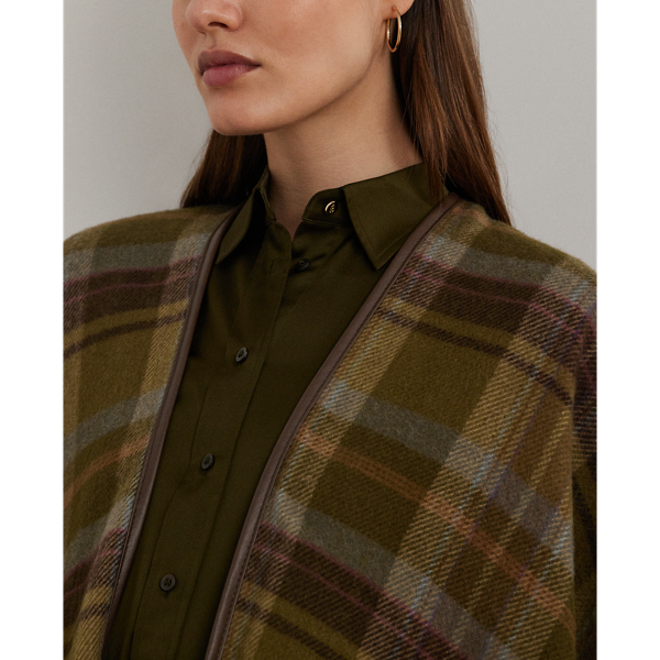 Olive Multi Plaid Plaid Faux-Leather-Trim Ruana Lauren 6