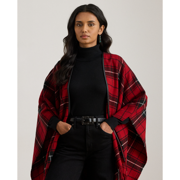 Karierter Poncho mit Kunstlederbesatz Lauren in Red Plaid 4