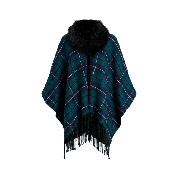 Plaid Faux-Fur-Trim Reversible Ruana