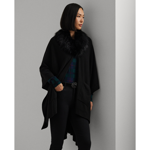 Black Faux-Fur-Trim Knit Ruana Lauren 4