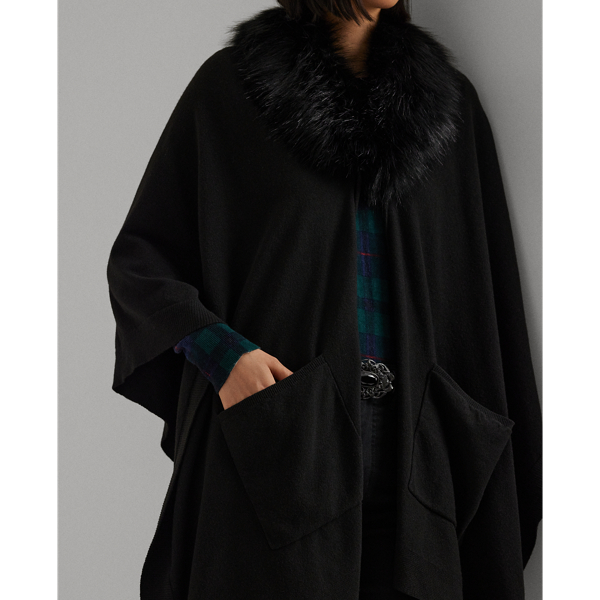 Black Faux-Fur-Trim Knit Ruana Lauren 6