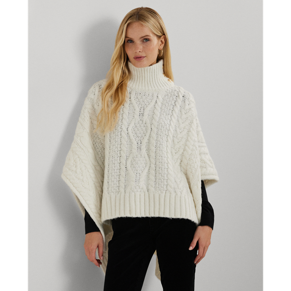 Button Trim Cable Knit Mockneck Poncho for Women Ralph Lauren PA