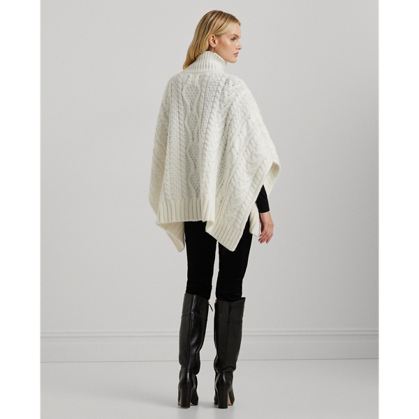 Button Trim Cable Knit Mockneck Poncho