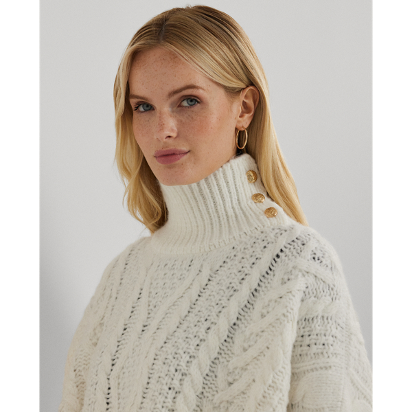 Button-Trim Cable-Knit Mockneck Poncho