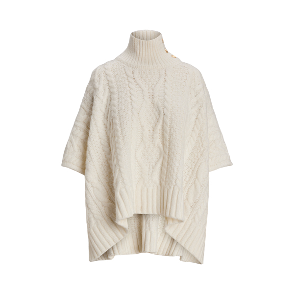 Button Trim Cable Knit Mockneck Poncho for Women Ralph Lauren PA