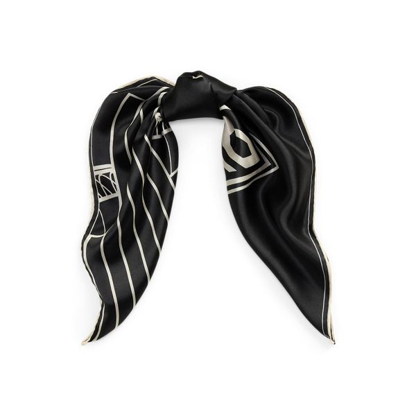 Black/Cream Geo-Motif Silk Satin Square Scarf Lauren 1