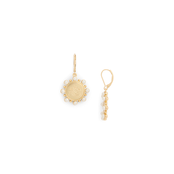 Gold/Pearl Gold-Plated Crest Charm Drop Earrings Lauren 2
