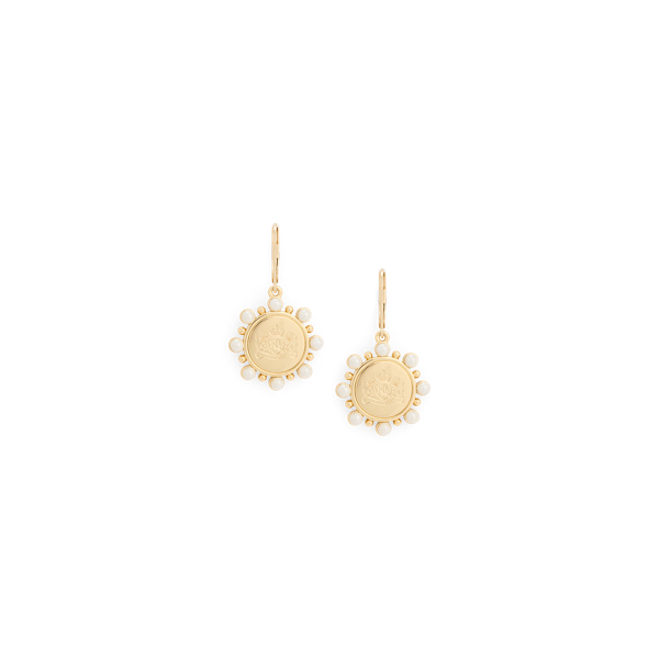 Gold/Pearl Gold-Plated Crest Charm Drop Earrings Lauren 1