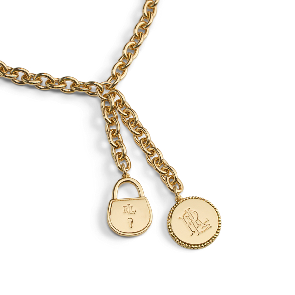 Collier plaqu&eacute; or &agrave; breloques logo