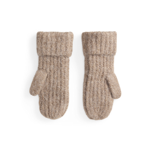 Taupe Leather-Trim Rib-Knit Wool-Blend Mittens Lauren 2