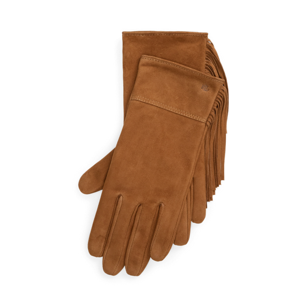 Fringe-Trim Sheep-Suede Gloves Lauren 1