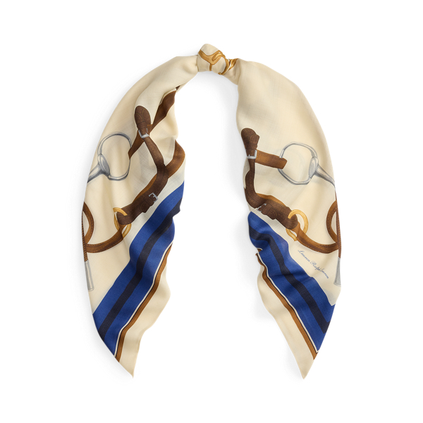 Cream Belting-Print Wool-Silk Square Scarf Lauren 1