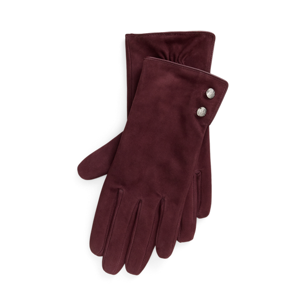 Crest-Button-Trim Sheepskin Suede Gloves Lauren 1