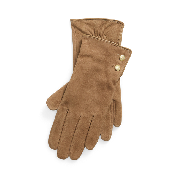 Crest-Button-Trim Sheepskin Suede Gloves Lauren 1