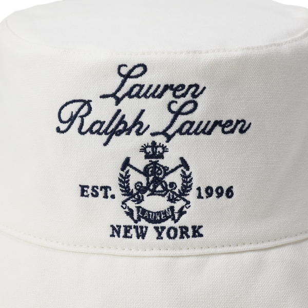 Bright White Embroidered-Crest Cotton Bucket Hat Lauren 3