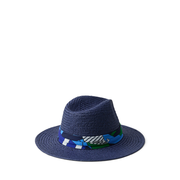 Stroh-Fedora mit bedrucktem Schal Lauren in Navy 2