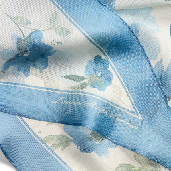 Rautenf&ouml;rmiger Seidenschal mit Blumen Lauren in Blaue Note 3