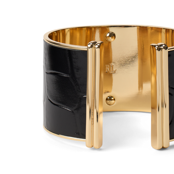 Gold-Plated Logo Leather Cuff Bracelet