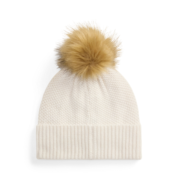 Embroidered-Crest Pom-Pom Cable Beanie