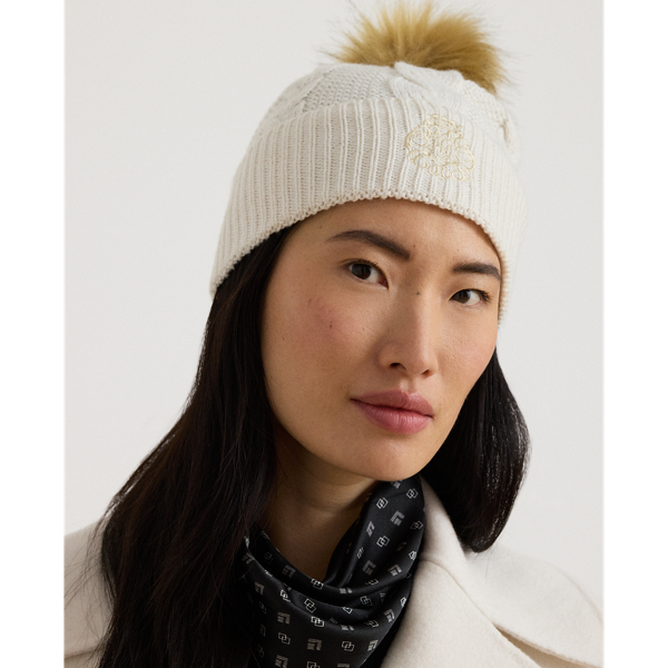 Embroidered-Crest Pom-Pom Cable Beanie