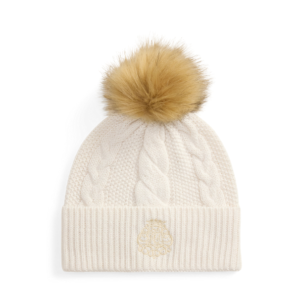 Embroidered-Crest Pom-Pom Cable Beanie