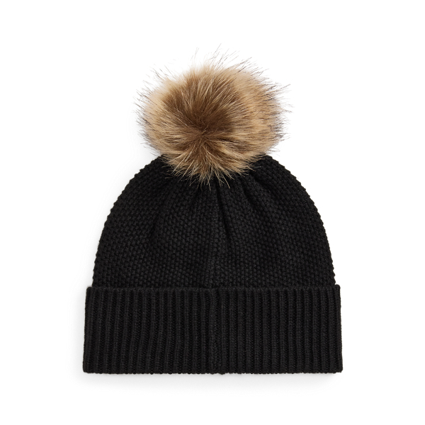Embroidered-Crest Pom-Pom Cable Beanie