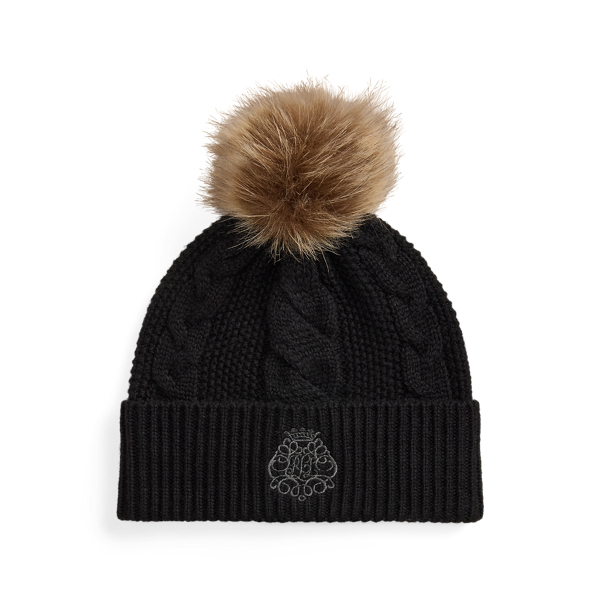 Embroidered-Crest Pom-Pom Cable Beanie