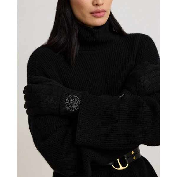 Black Embroidered-Crest Knitted Gloves Lauren 3
