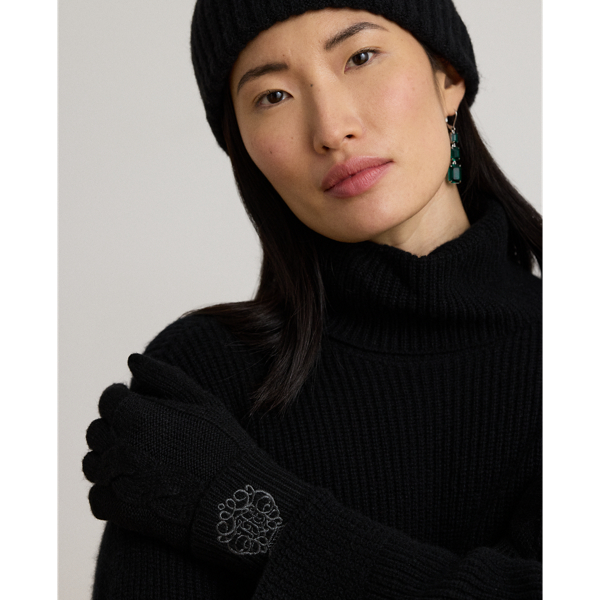 Black Embroidered-Crest Knitted Gloves Lauren 4