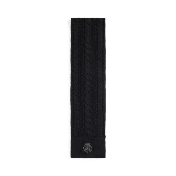 Embroidered-Crest Cable-Knit Scarf