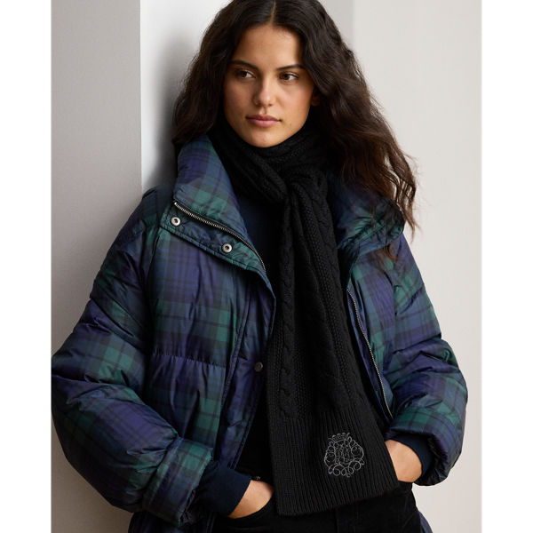 Embroidered-Crest Cable-Knit Scarf
