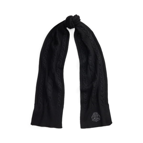 Embroidered-Crest Cable-Knit Scarf