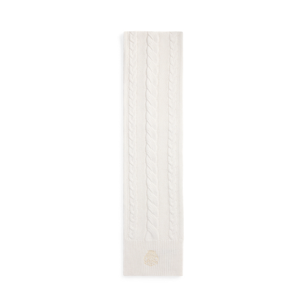 Embroidered-Crest Cable-Knit Scarf