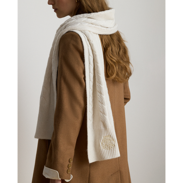 Embroidered-Crest Cable-Knit Scarf
