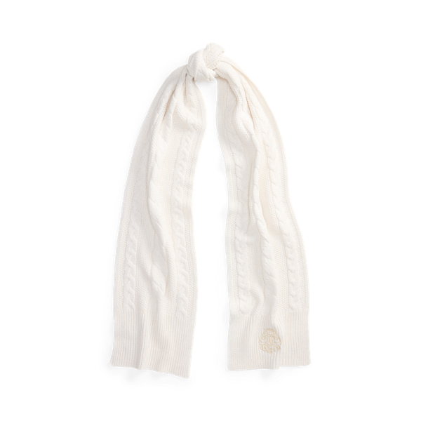 Embroidered-Crest Cable-Knit Scarf