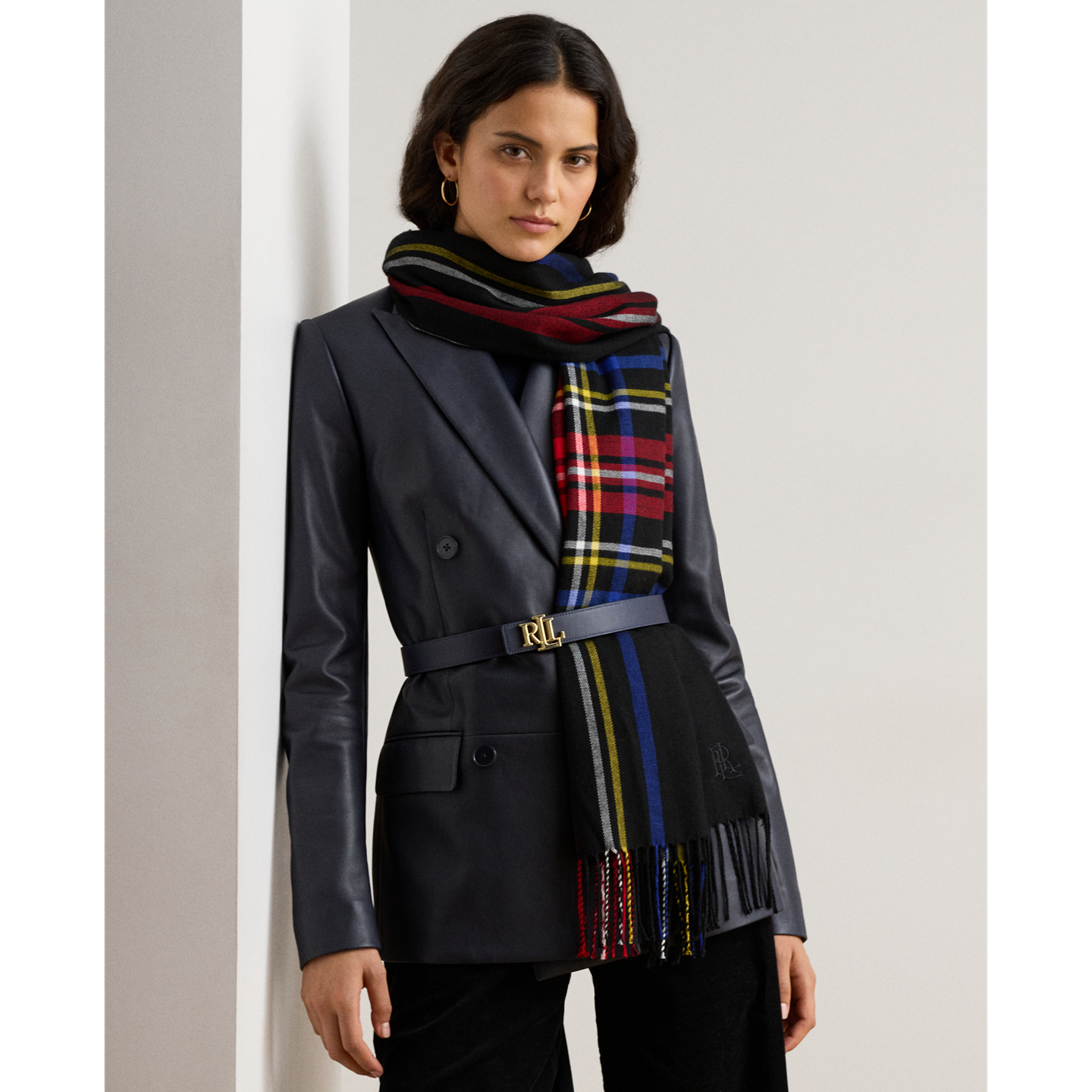 Женский шарф Ralph Lauren Plaid Fringe-Trim, цвет: Чёрный — фото 2