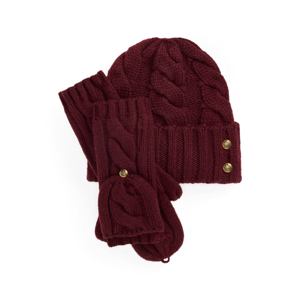 Dark Garnet Cable-Knit Beanie & Mittens Set Lauren 1