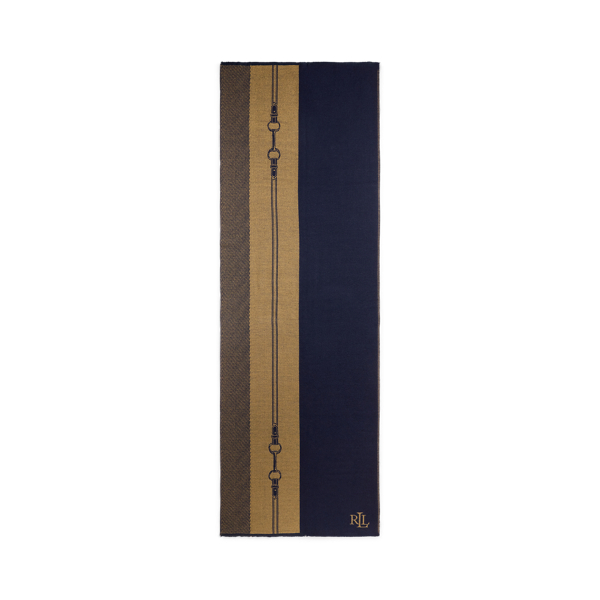 Jacquard wikkelsjaal met riemmotief Lauren in Marineblauw/Camel 2