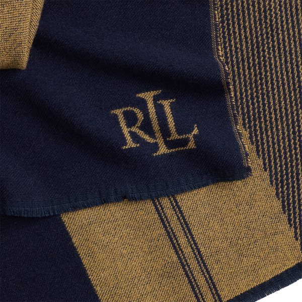 Jacquard wikkelsjaal met riemmotief Lauren in Marineblauw/Camel 4