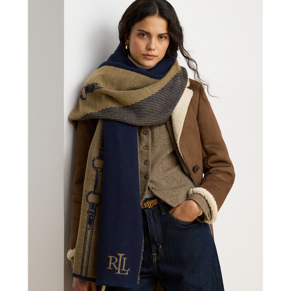Jacquard wikkelsjaal met riemmotief Lauren in Marineblauw/Camel 3