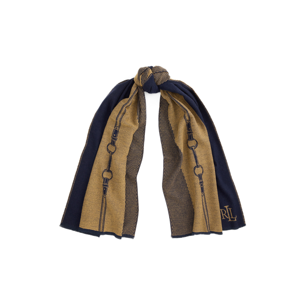 Jacquard wikkelsjaal met riemmotief Lauren in Marineblauw/Camel 1