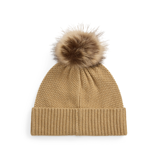 Embroidered-Crest Pom-Pom Cable Beanie