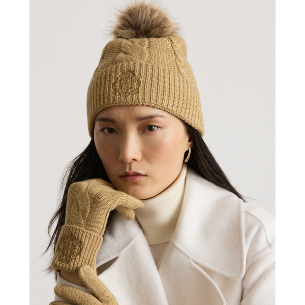 Embroidered-Crest Pom-Pom Cable Beanie