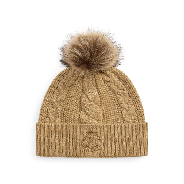 Embroidered-Crest Pom-Pom Cable Beanie