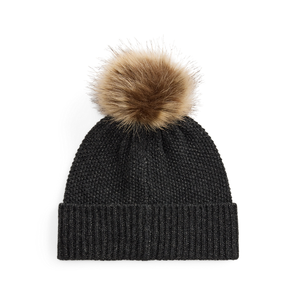 Embroidered-Crest Pom-Pom Cable Beanie